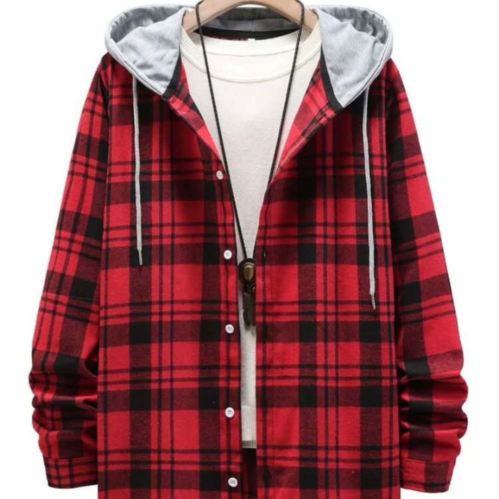 ROMWE Guys Plaid Drawstring Hooded Shirt Without Tee